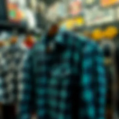 The Evolution of Flannel in Skate Culture A collection of vintage flannel shirts showcased in a skateboard shop, illustrating evolution in fashion.