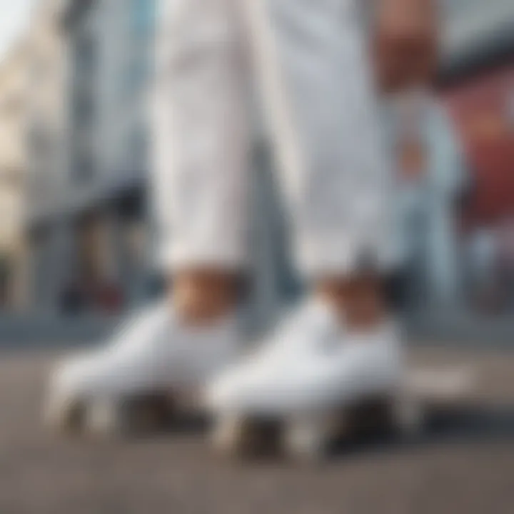 Stylish outfit paired with all white slip-ons on a skateboard