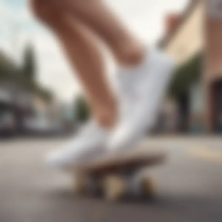 Skater performing a trick while wearing all white slip-ons