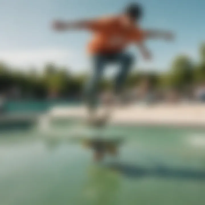 Skater performing tricks in Ash Green Nike footwear on a vibrant skate park