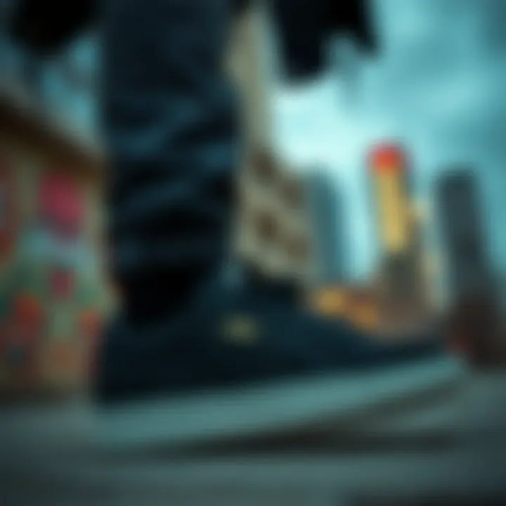 Stylish outfit featuring black Puma suede shoes on urban backdrop