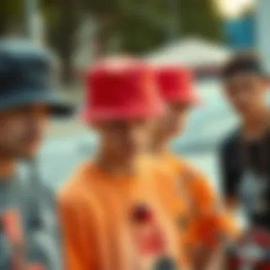 Fashion Diversity in Skateboarding Culture A group of skaters wearing various styles of black and red bucket hats, illustrating fashion diversity.