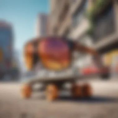 Blenders Eyewear on a Skateboard Blenders Eyewear Z87 sunglasses placed on a skateboard against a vibrant urban backdrop.