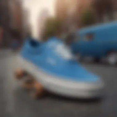 Group of skaters wearing blue Vans during a skate session