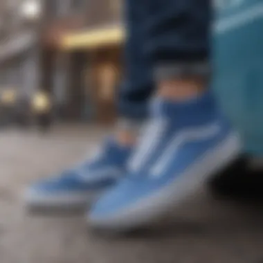 Stylish outfit featuring blue Vans in urban setting