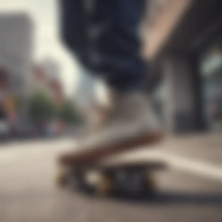 Skater demonstrating performance with Braille shoes in an urban environment