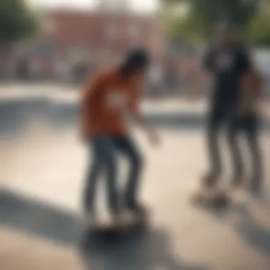 A gathering of skaters at a skatepark engaged in community activities