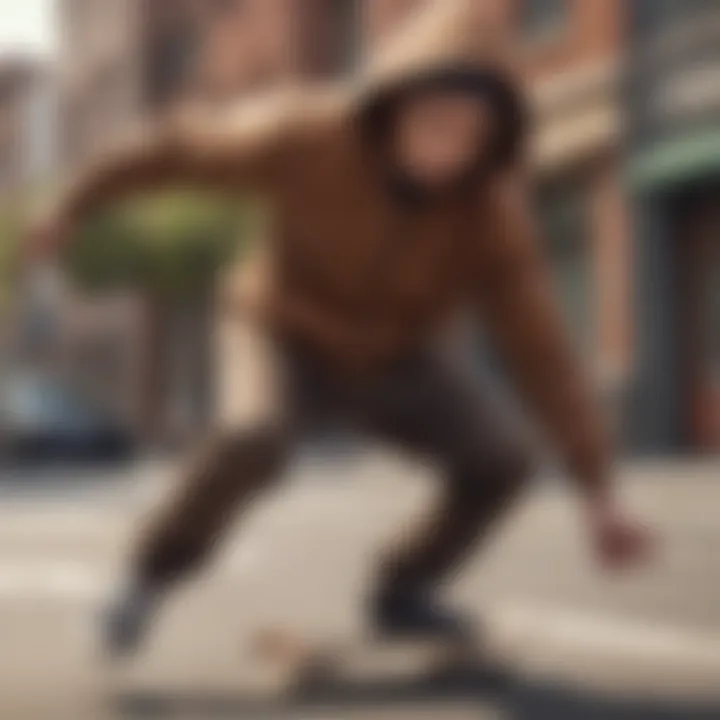 A skateboarder performing tricks while wearing a brown zip up hoodie