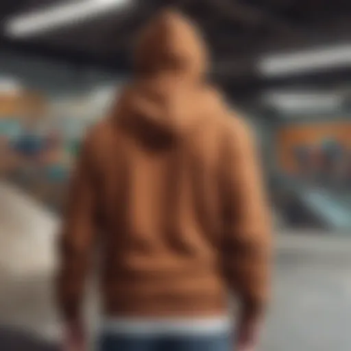 Stylish brown zip up hoodie worn in an urban skate park setting