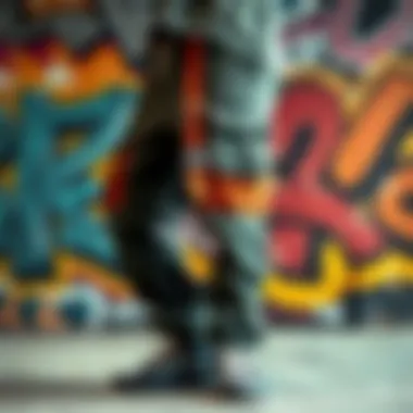 Cargo Pants Aesthetic Aesthetic display of cargo pants with straps against a graffiti background