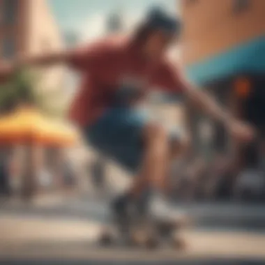 Skateboarder wearing color shorts, performing a trick