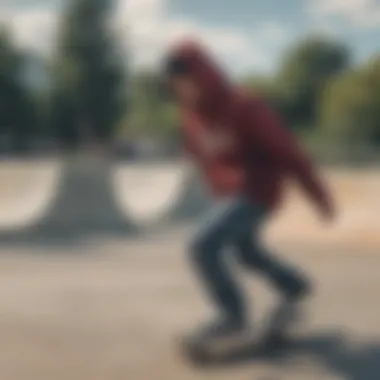 Skaters in action wearing stylish hoodies at a skate park