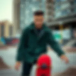 A stylish skateboarder wearing a dark green corduroy jacket in an urban skatepark