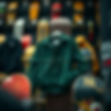 Fashion Fusion: Jackets and Skateboards A collection of skateboards with dark green corduroy jackets displayed as part of skate fashion