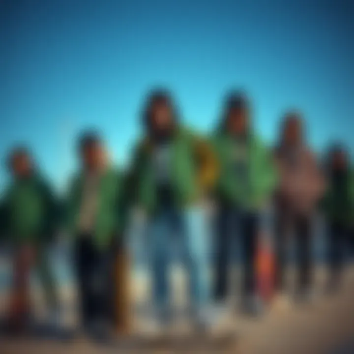 Diverse Styles: Skaters in Corduroy Group of skaters showcasing various styles with a focus on dark green corduroy jackets