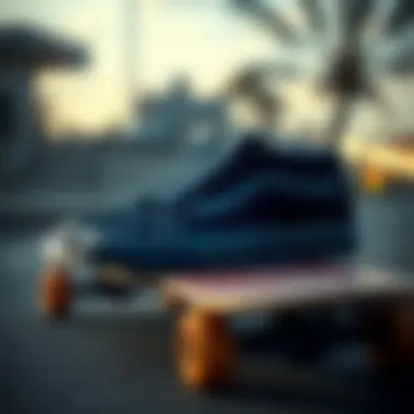 Dark Navy Blue Vans on a Skateboard A pair of dark navy blue Vans placed on a skateboard