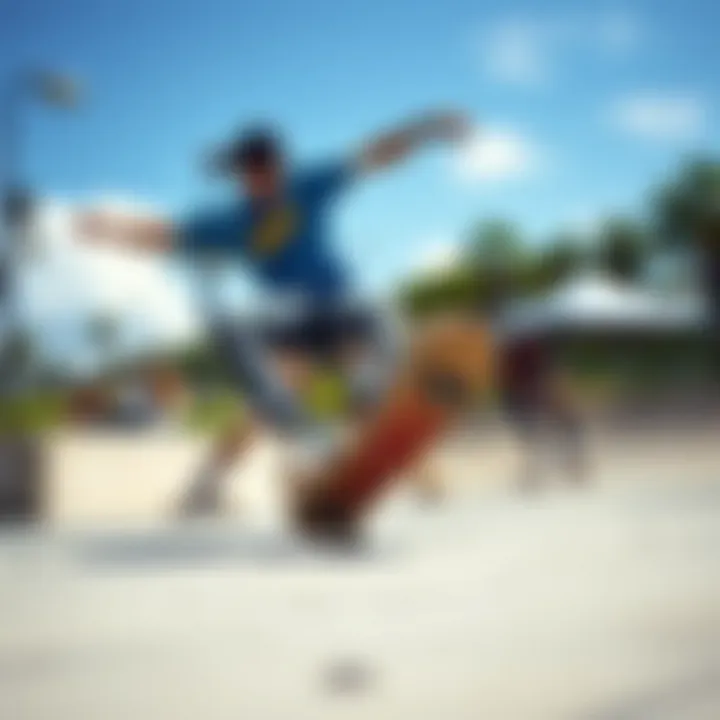 Skateboarding in Denim Blue Vans Skaters performing tricks in denim blue Vans at a vibrant skatepark setting