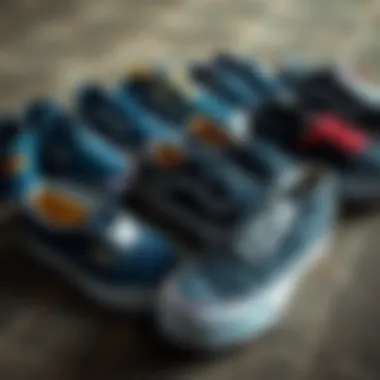 Diversity of Denim Blue Vans Styles Various styles of denim blue Vans displayed on a textured surface representing diversity in design