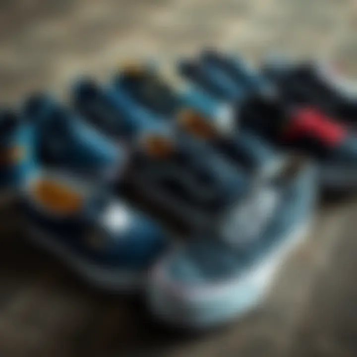 Diversity of Denim Blue Vans Styles Various styles of denim blue Vans displayed on a textured surface representing diversity in design
