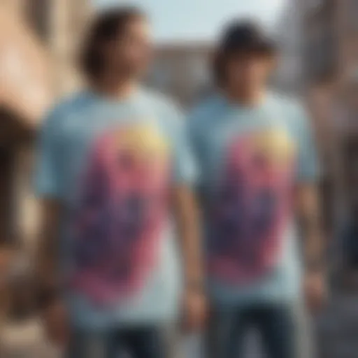 Dynamic urban scene showcasing skateboarders in drippy shirts