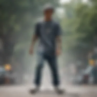 Stylish skateboarder demonstrating drippy shirt outfit