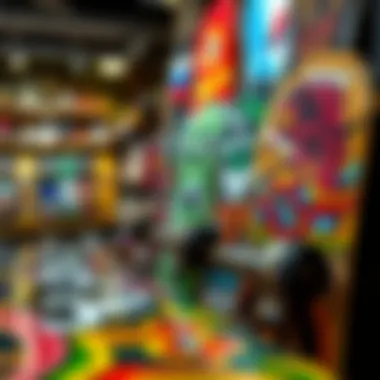 Close-up of unique skateboard designs available at the store