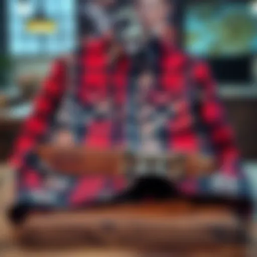 A stylish flannel shirt displayed on a wooden table
