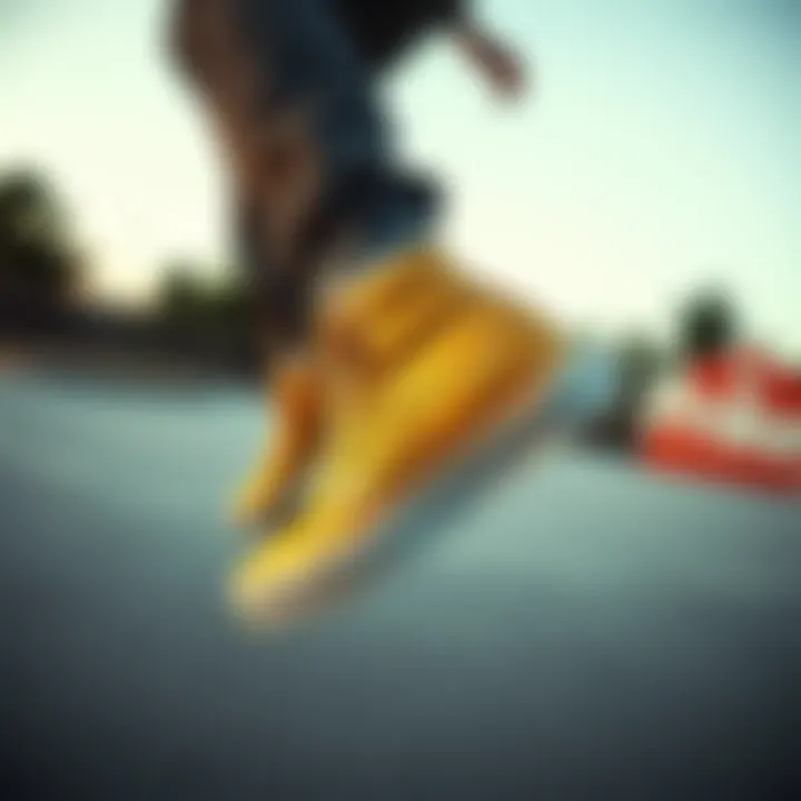 Skater in Action with Gold High Top Vans Skater performing a trick while wearing gold high top Vans