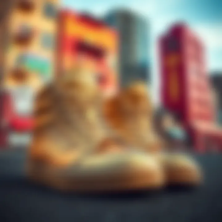 Gold High Top Vans in Urban Setting A pair of gold high top Vans positioned against a vibrant urban backdrop