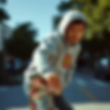 Skateboarder wearing the grey hoodie in action