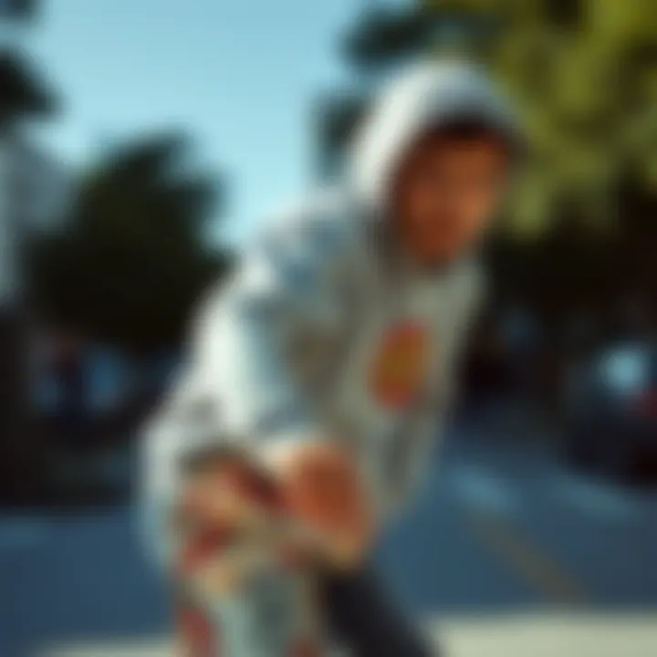 Skateboarder wearing the grey hoodie in action