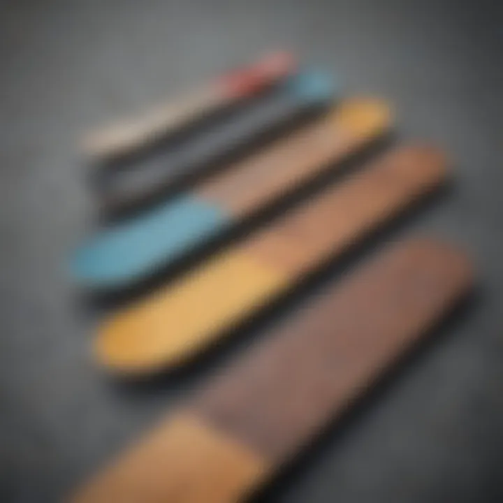 Different types of grip strips displayed on a skateboard