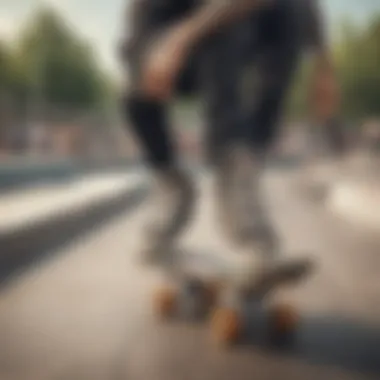 Skater performing tricks at a skate park, emphasizing the shoes in action