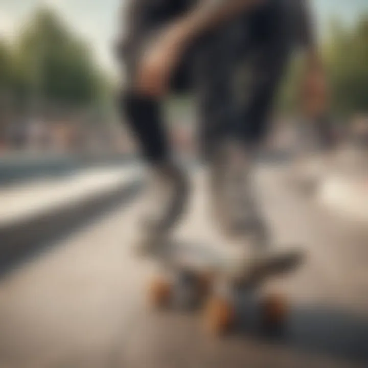 Skater performing tricks at a skate park, emphasizing the shoes in action