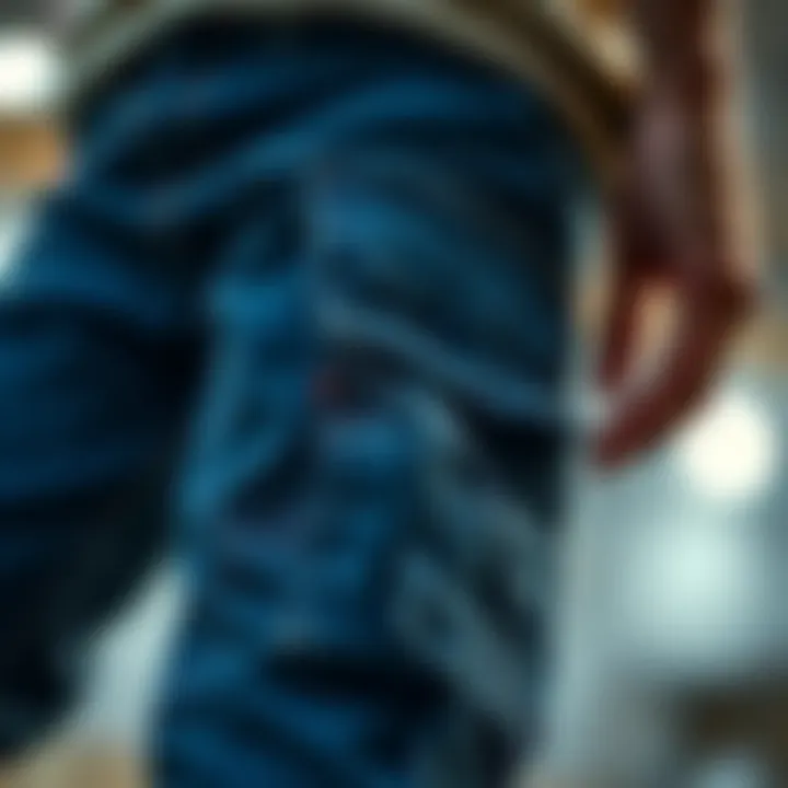 A close-up view of blue jeans with cargo pockets highlighting their functional design.