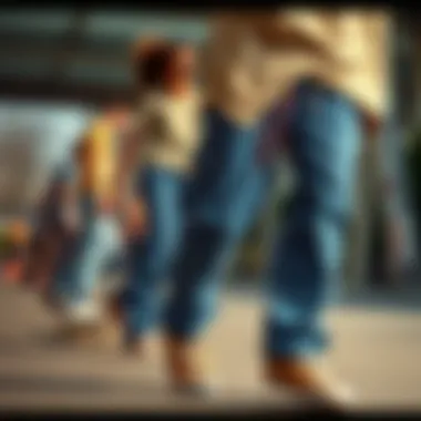 An artistic representation of the evolution of blue jeans with cargo pockets over the decades.