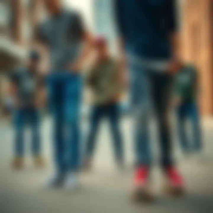 A group of skateboarders showcasing their blue jeans with cargo pockets in an urban setting.