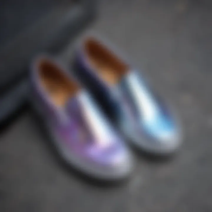 Flat lay of iridescent Vans slip-ons with skateboarding accessories