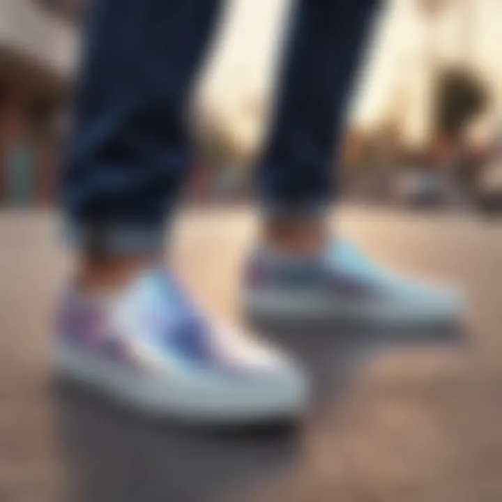 Group of skateboarders featuring diverse styles with iridescent Vans slip-ons