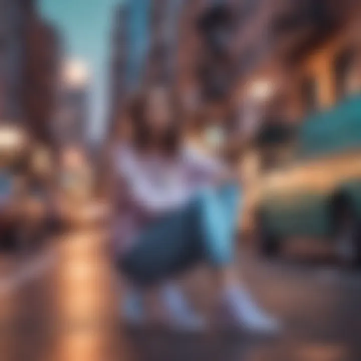 Stylish woman wearing iridescent Vans slip-ons against a vibrant urban backdrop