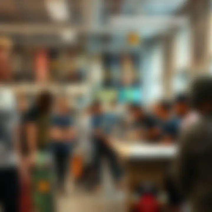 Community Engagement in Longboarding Community event at a longboard shop with riders sharing experiences