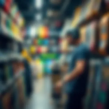 Selecting Gear in a Longboard Shop An experienced rider selecting gear from a well-stocked longboard shop