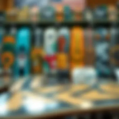 Variety of Longboard Designs A close-up of various longboard designs and styles available at a shop