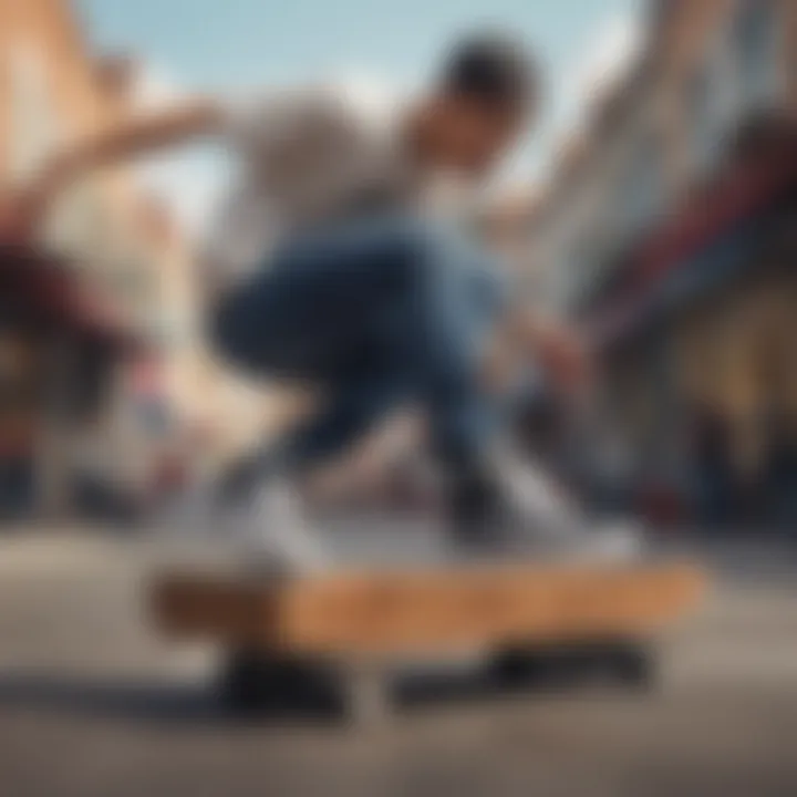 A skateboarder wearing lowtop Vans during a trick, demonstrating functionality and style