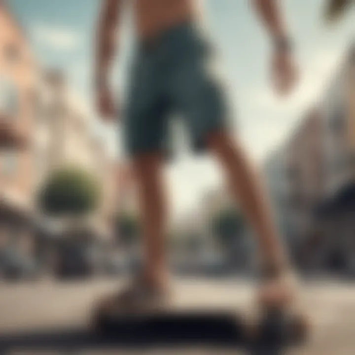 Man showcasing board shorts during a skateboarding session