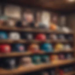 A stylish array of Mitchell and Ness snapbacks displayed on a rustic wooden shelf