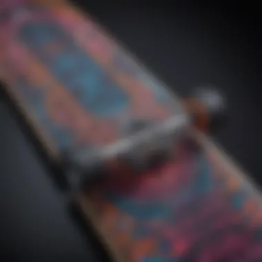 Close-up of neon skateboard with intricate designs