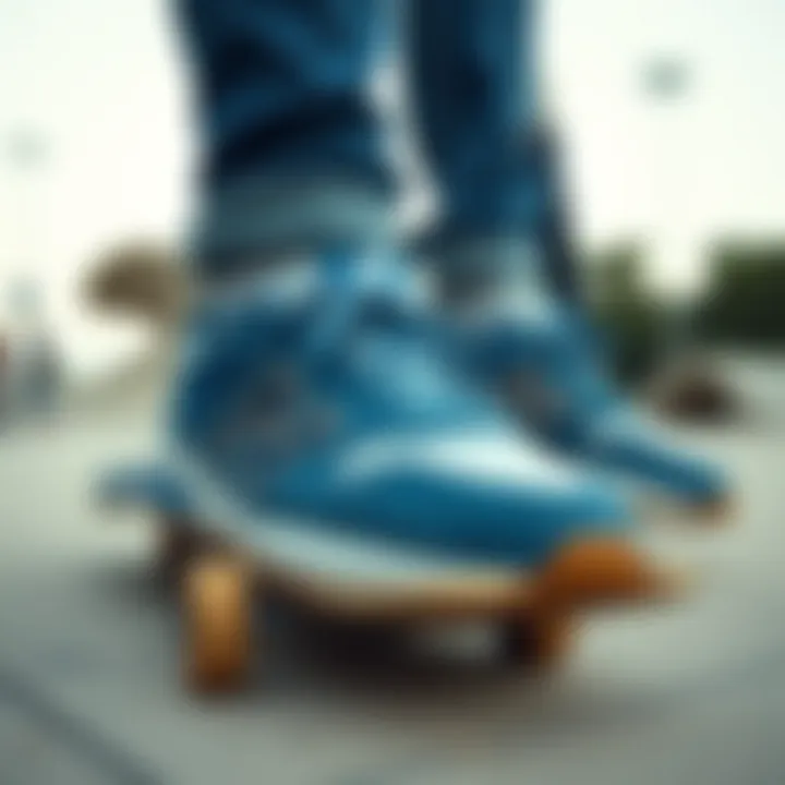 Cultural Roots of Blue New Balance Sneakers in Skate Culture An artistic shot of blue New Balance sneakers in a skate park setting, emphasizing their cultural significance.