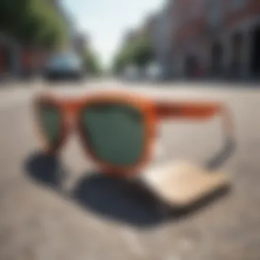 Skateboard deck and New Balance sunglasses laid out on a street