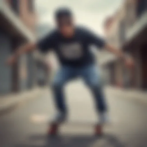 A skateboarder wearing New Balance sunglasses while performing a trick